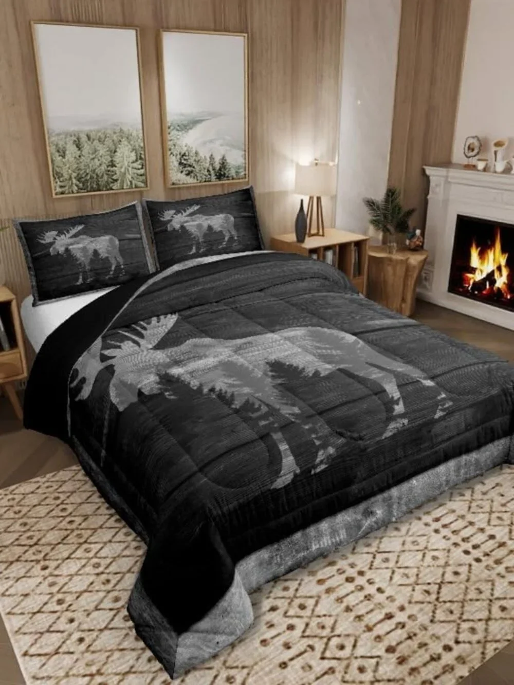 Moose Cabin Comforter Set Wild Animal Jungle Pine Trees Silhouette Bedding Set f
